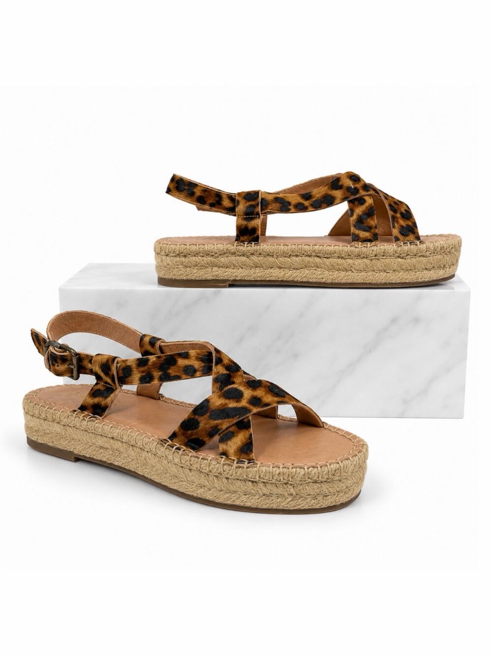 Madewell Malia Espadrille Platform Sandals Leopard Calf Hair Size 7.5